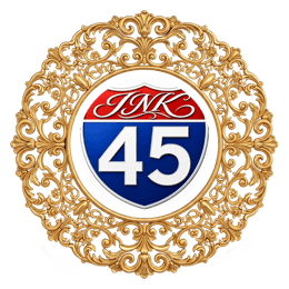 I-45 Ink interstate shield logo in a gold filigree medallion
