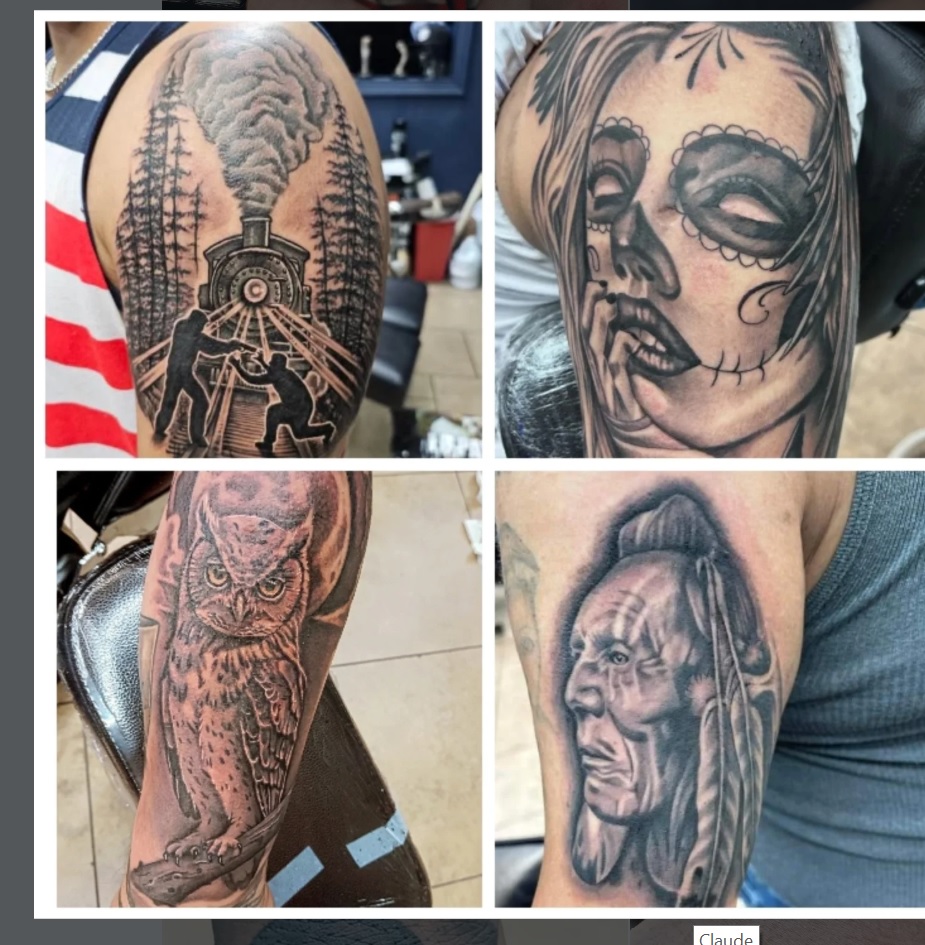Collage of black and grey realism tattoos including a train landscape, a Day of the Dead woman, an owl, and a Native American portrait