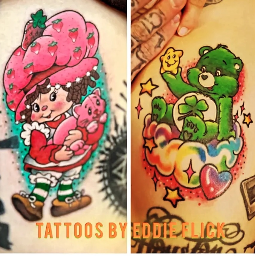 Two color tattoos: a Strawberry Shortcake character and a green Care Bear character