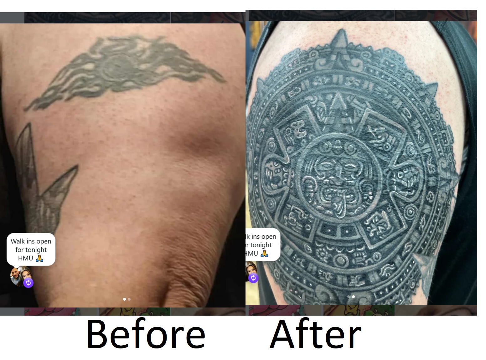 Before and after cover-up tattoo showing a faded tribal piece transformed into a detailed Aztec sun stone