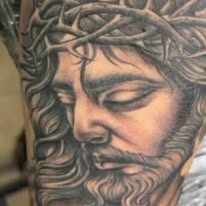 Black and grey crown of thorns and cross tattoo, alternate photo, by E