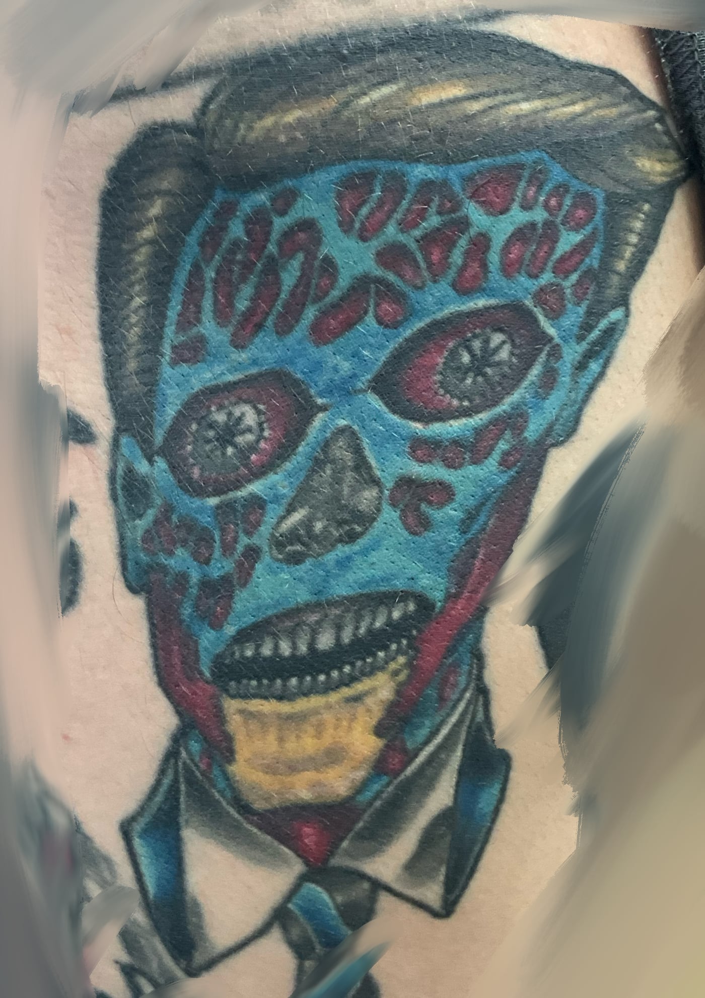Color skull businessman portrait tattoo, work by Sean at I-45 Ink