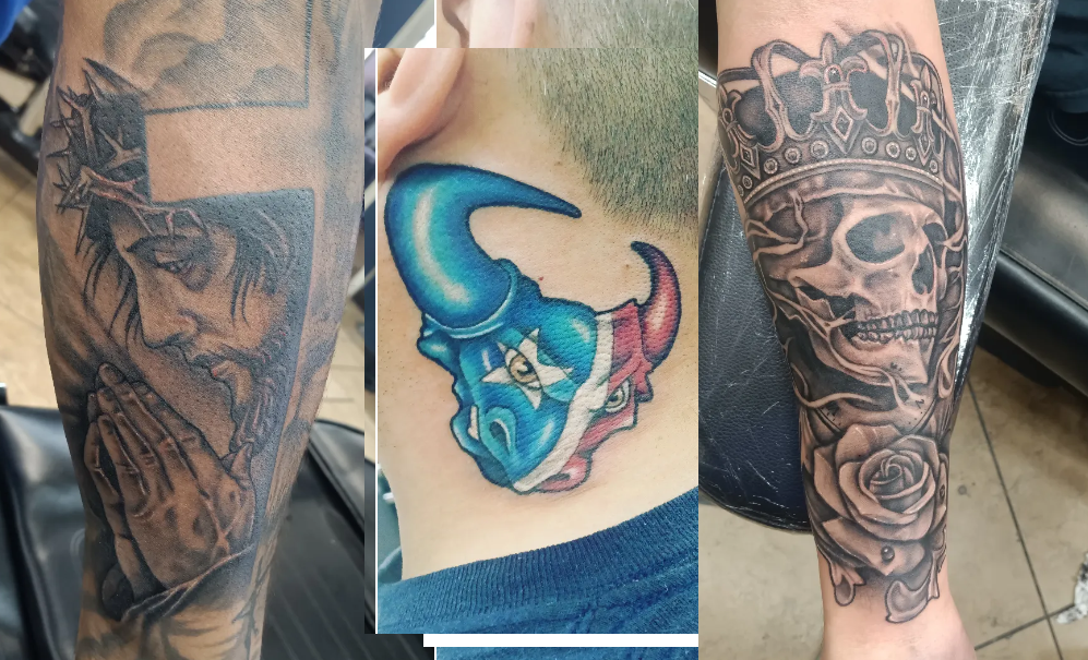Three black and grey tattoos: a religious praying hands sleeve, a devil bull neck piece, and a crowned skull with rose forearm piece