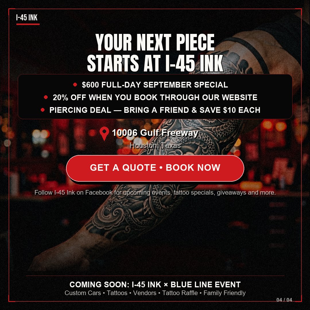 Get a quote and book now at I-45 Ink, 10006 Gulf Freeway, Houston, Texas